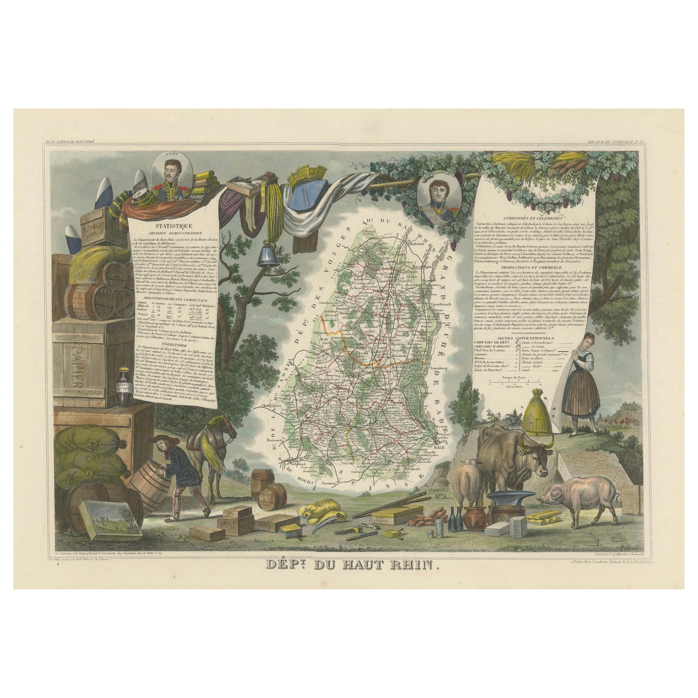 1852 Map of Haut-Rhin: An Illustrated Gateway to Alsace's Viticultural Splendors For Sale