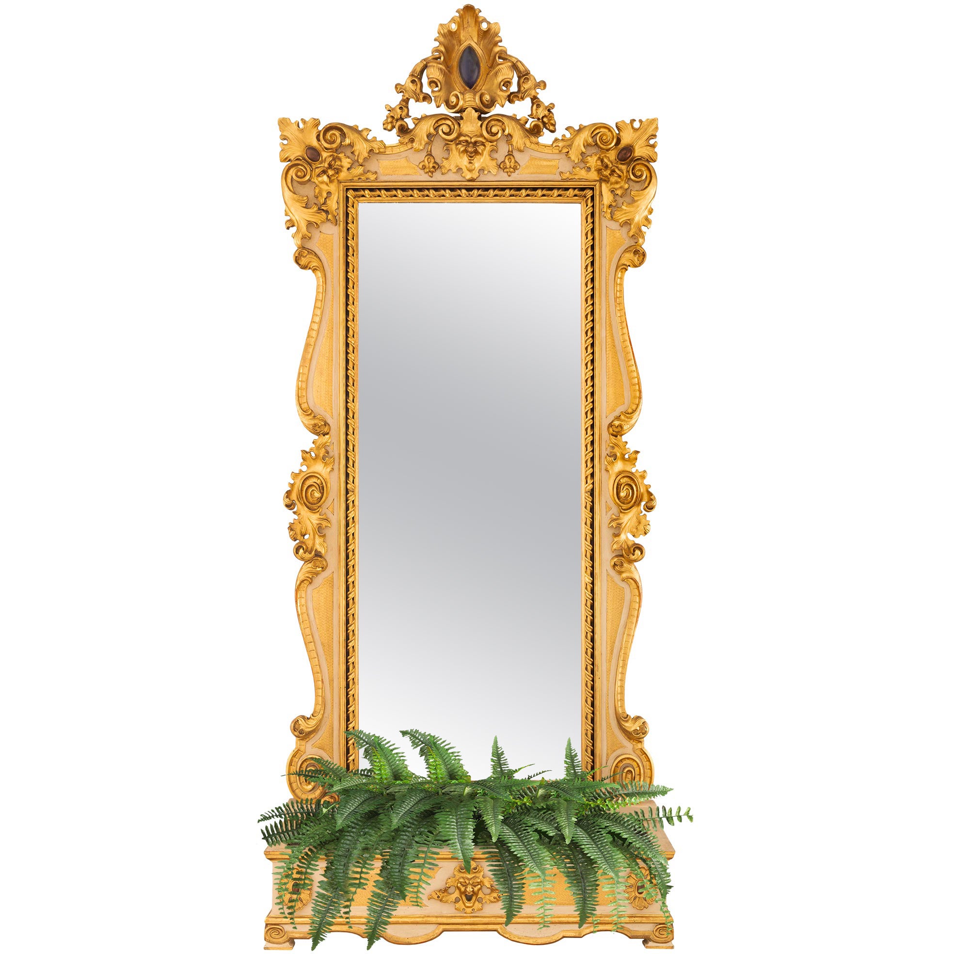 Italian 19th Century Baroque St. Patinated Wood And Giltwood Mirror And Planter For Sale