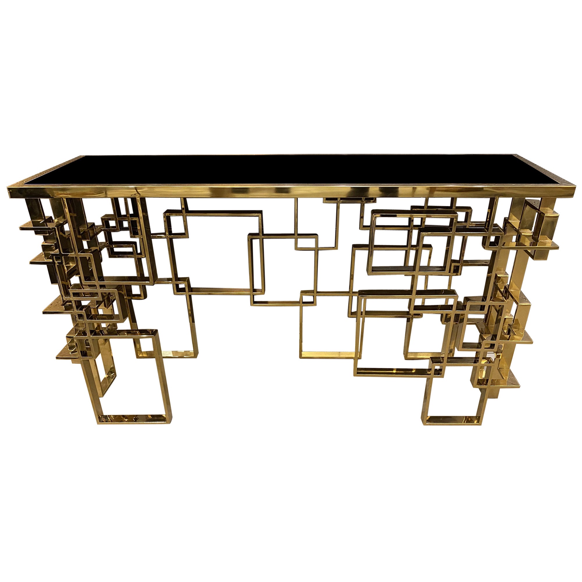 Console italienne contemporaine sculpturale en laiton et plateau en verre en vente