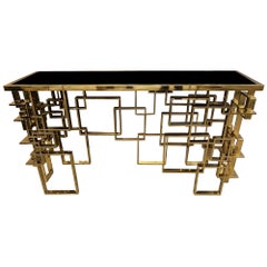 Contemporary Italian Sculptural Brass and Glass Top Console Table