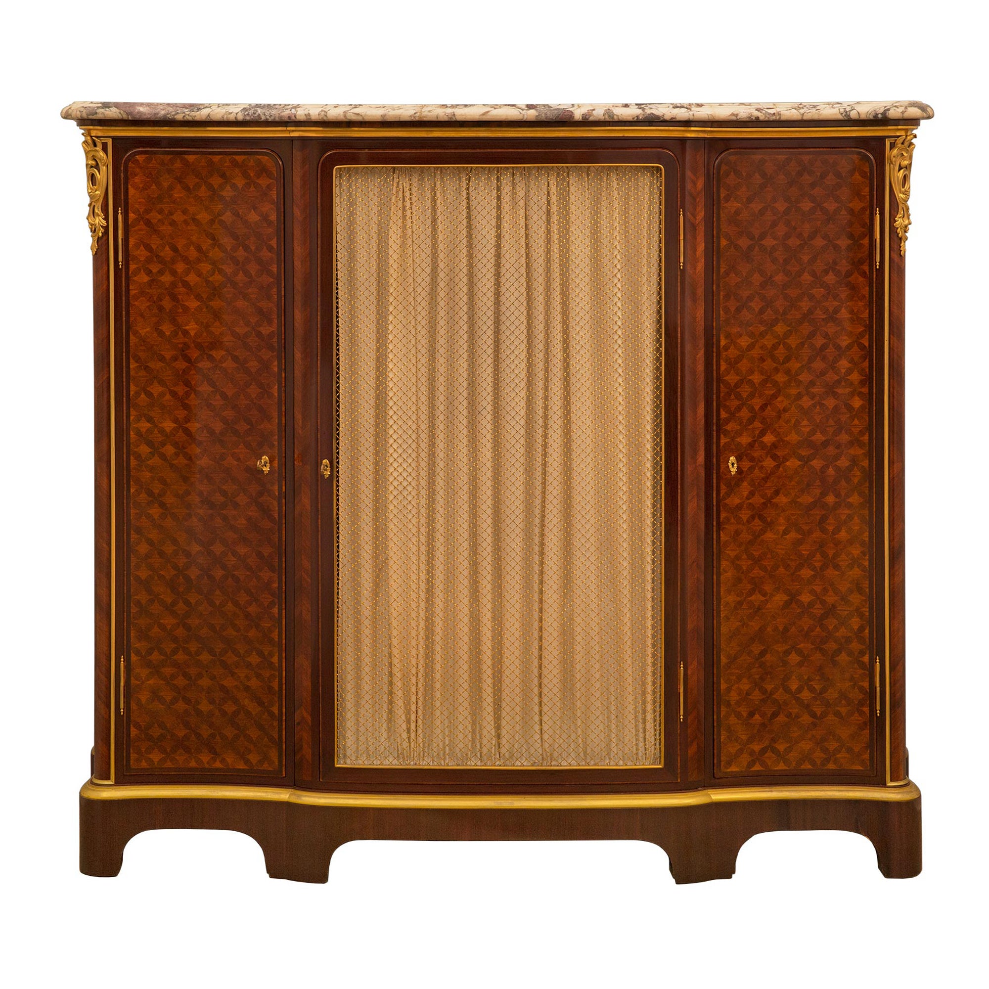 French 19th Century Louis XV St. Tulipwood, Kingwood, Ormolu And Marble Vitrine For Sale