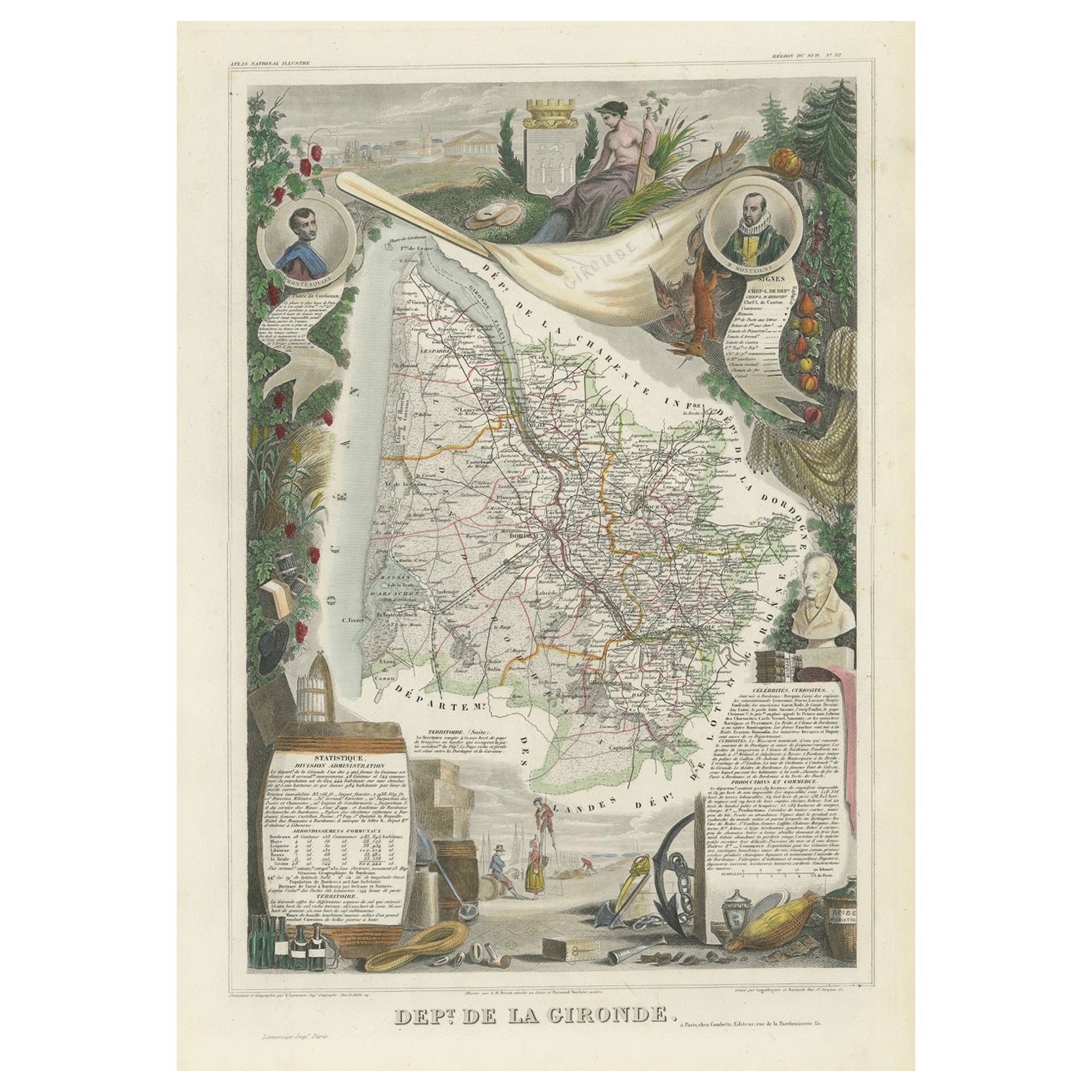 Levasseur's 1852 Cartographic Portrait of Gironde: Celebrating the Bordeaux Wine For Sale