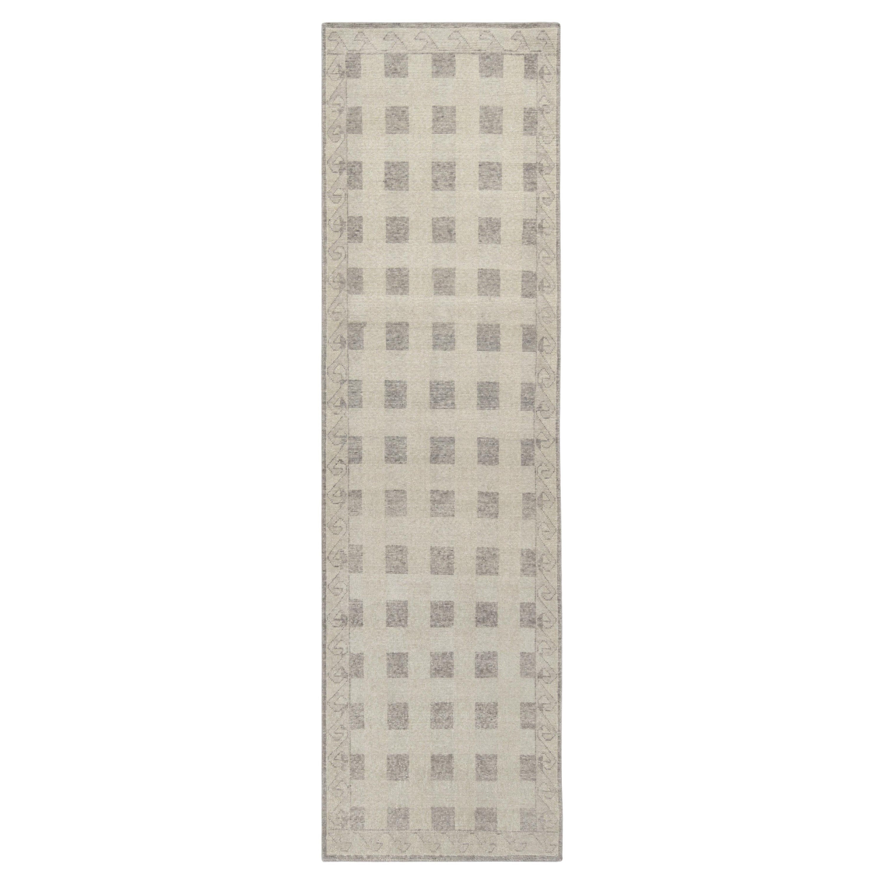Rug & Kilim’s Distressed Scandinavian Style Runner, Beige Grey Geometric Pattern For Sale