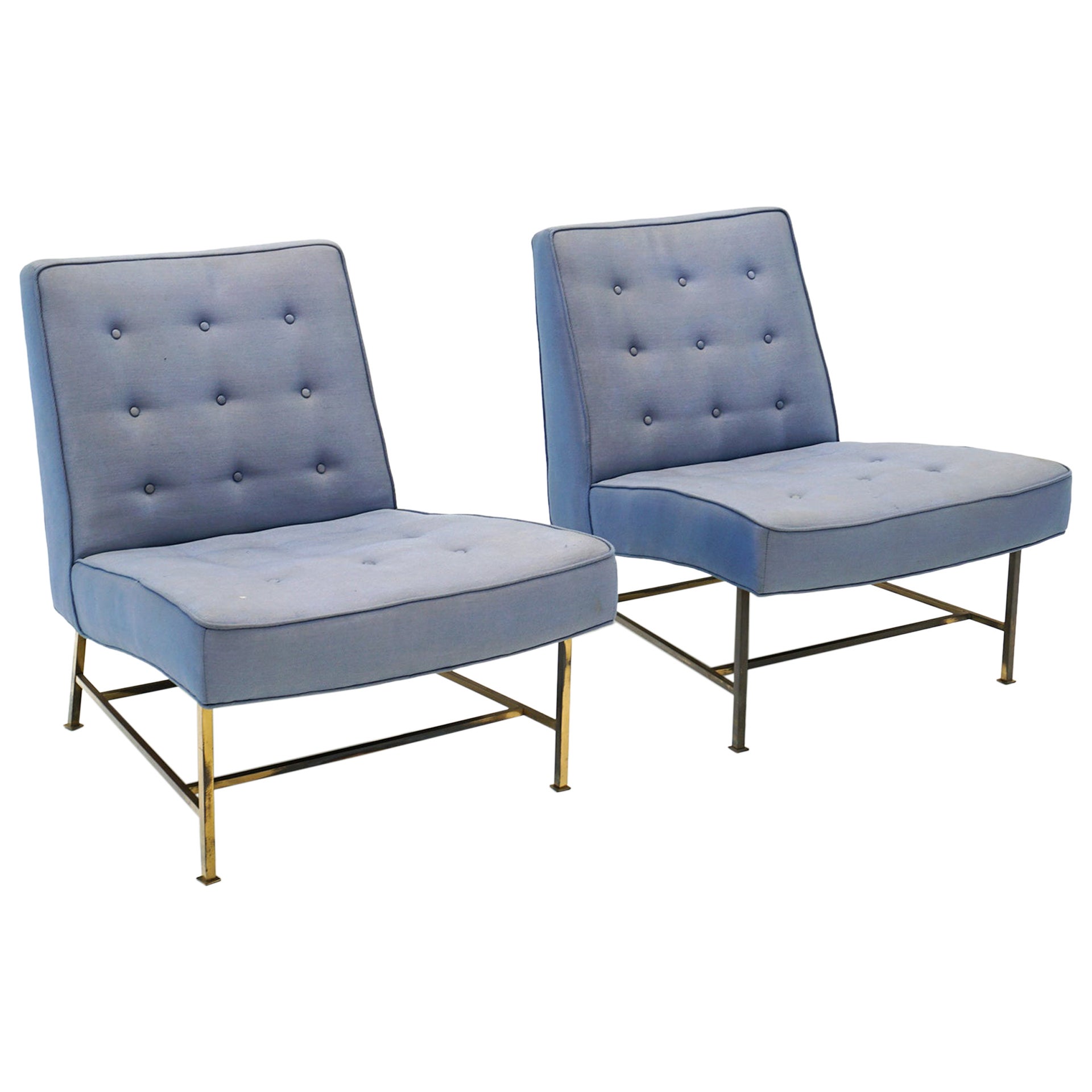 Pair Armless Lounge / Slipper Chairs with Brass Frames by Harvey Probber