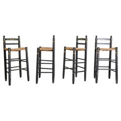 Set of Four Hindeloopen Rush Counter Height Stools with Painted Designs