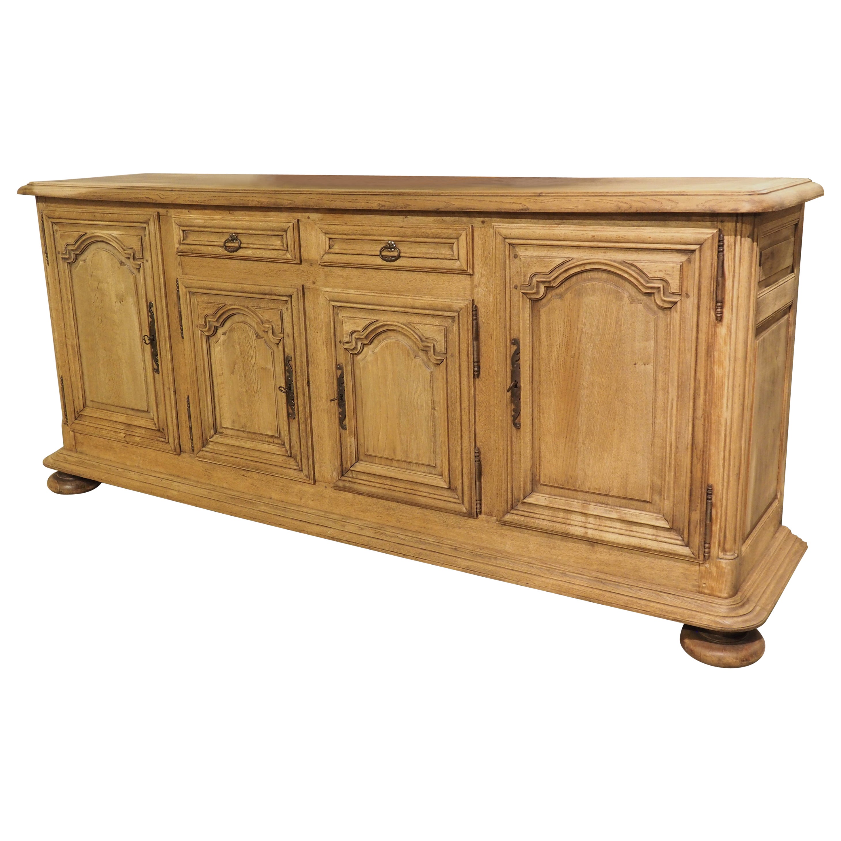 French Louis XIV Style Bleached Oak 4-Door Enfilade Buffet, Circa 1940s For Sale