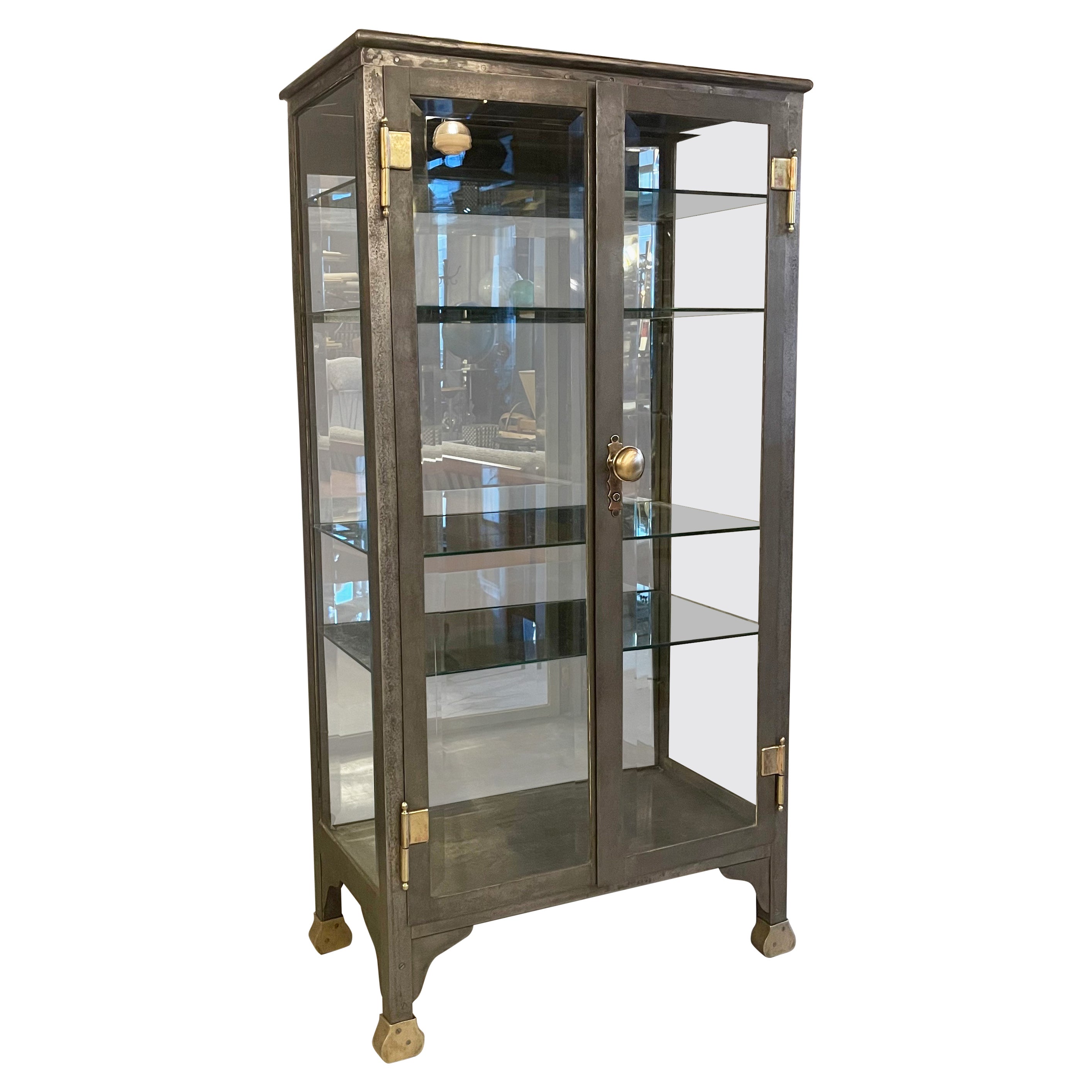 Antique Industrial Brushed Steel Double Door Apothecary Display Cabinet For Sale