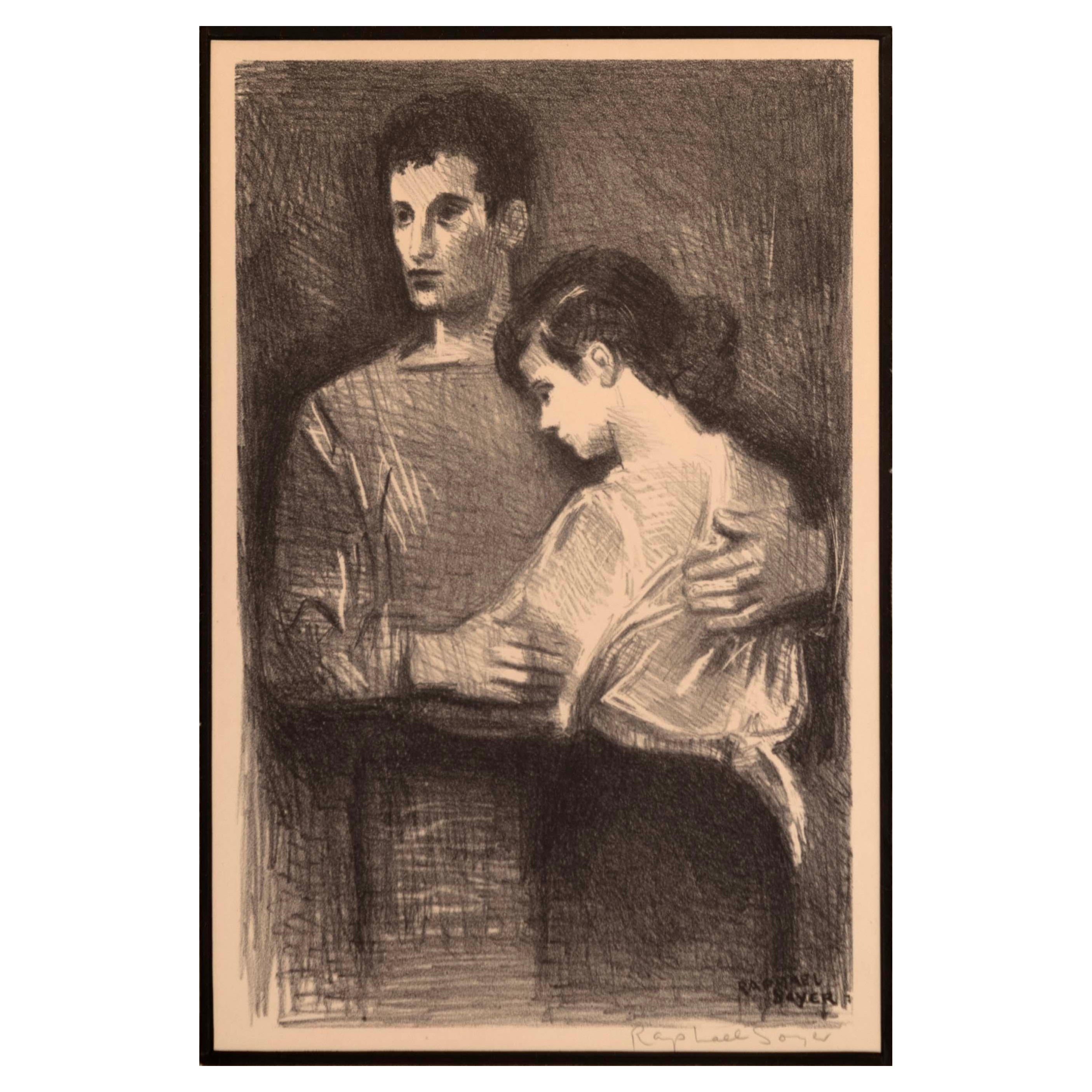 Raphel Soyer Boy & Girl Signed Vintage Modern Figurative Lithograph on Paper '54 For Sale