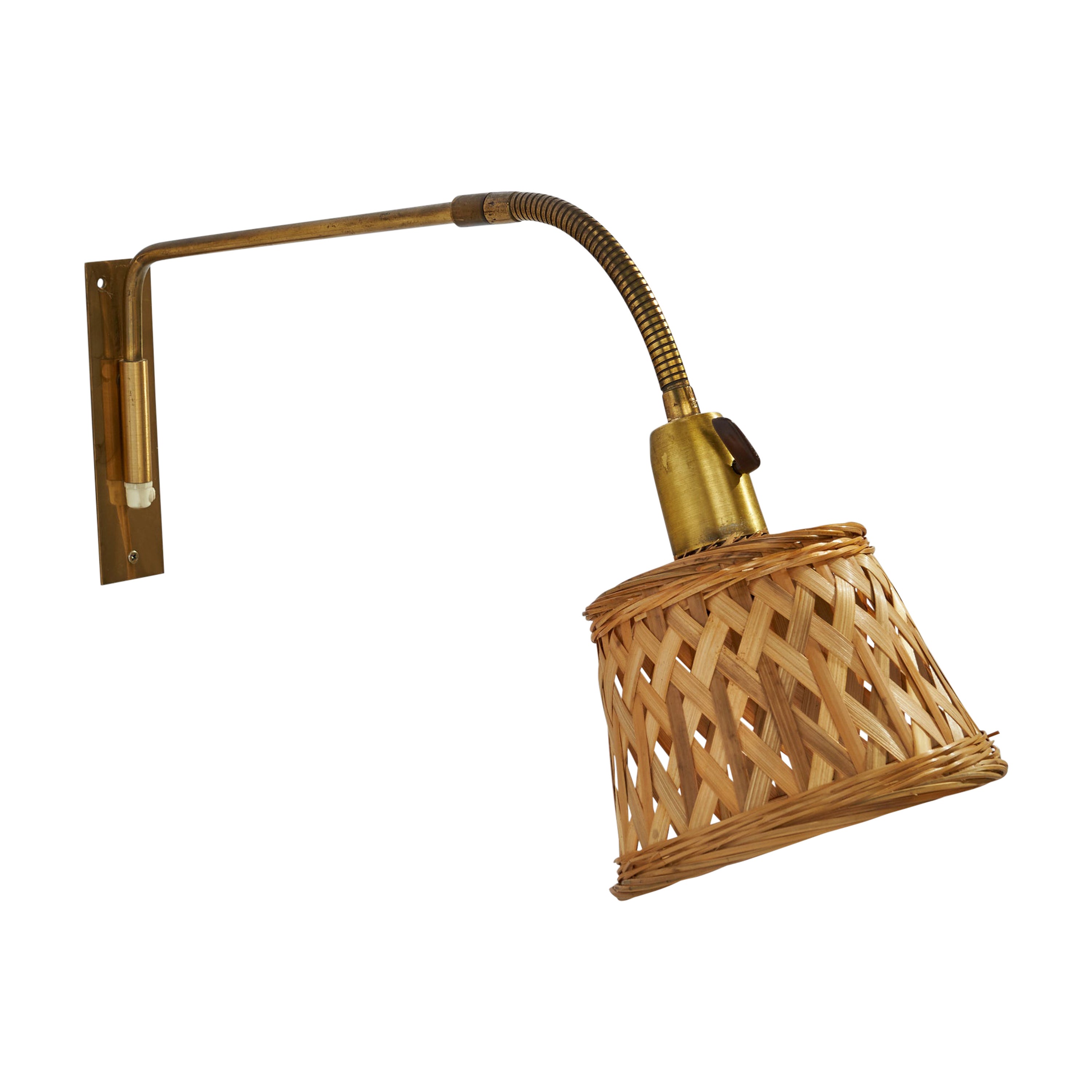 E.S. Horn, Wall Light, Brass, Rattan, Denmark, 1950s