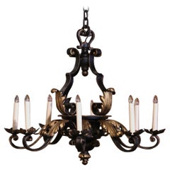 Antique Early 20th Century French Louis XV Black & Gilt Iron Eight-Light Chandelier