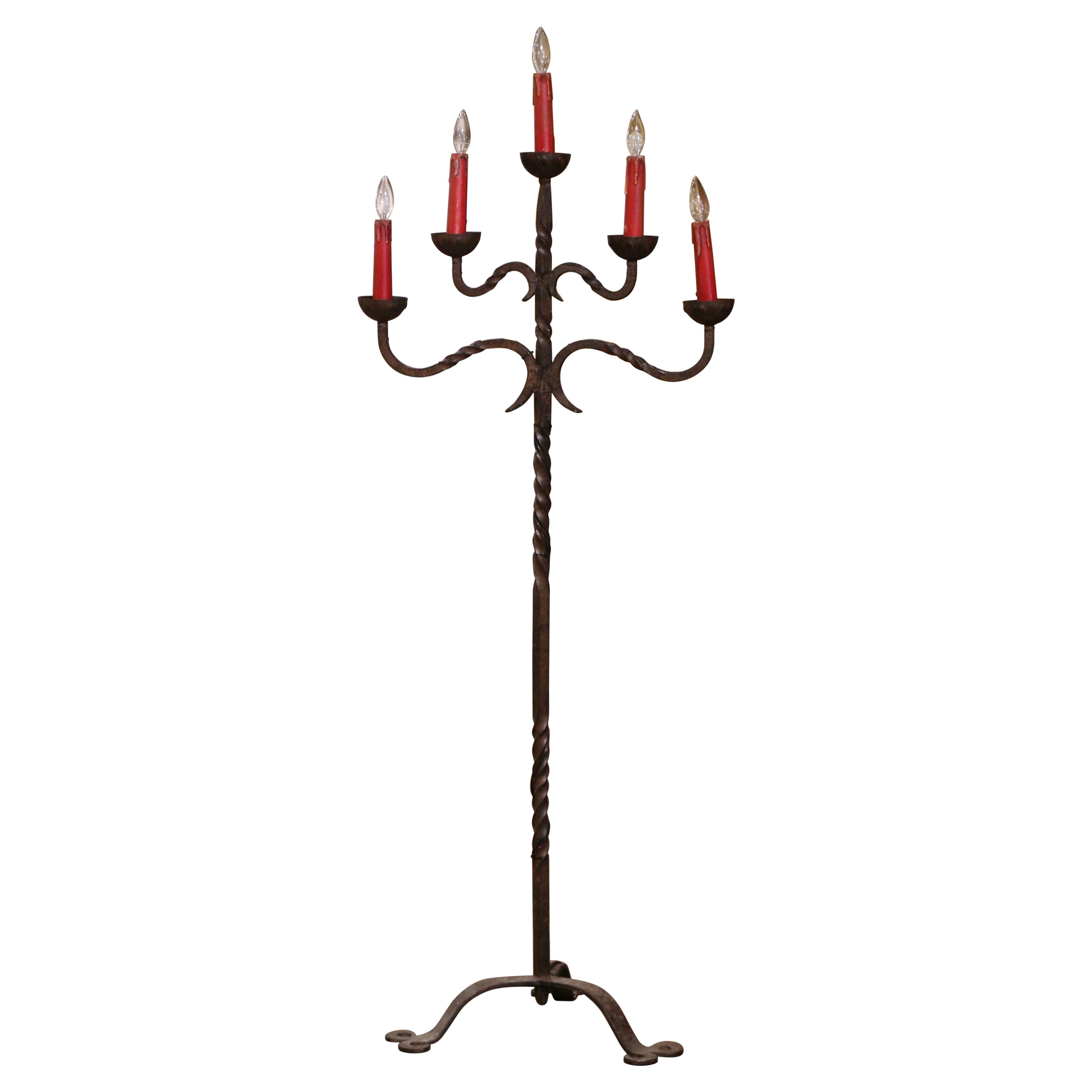 19th Century French Gothic Forged Iron Five-Light Floor Lamp  For Sale
