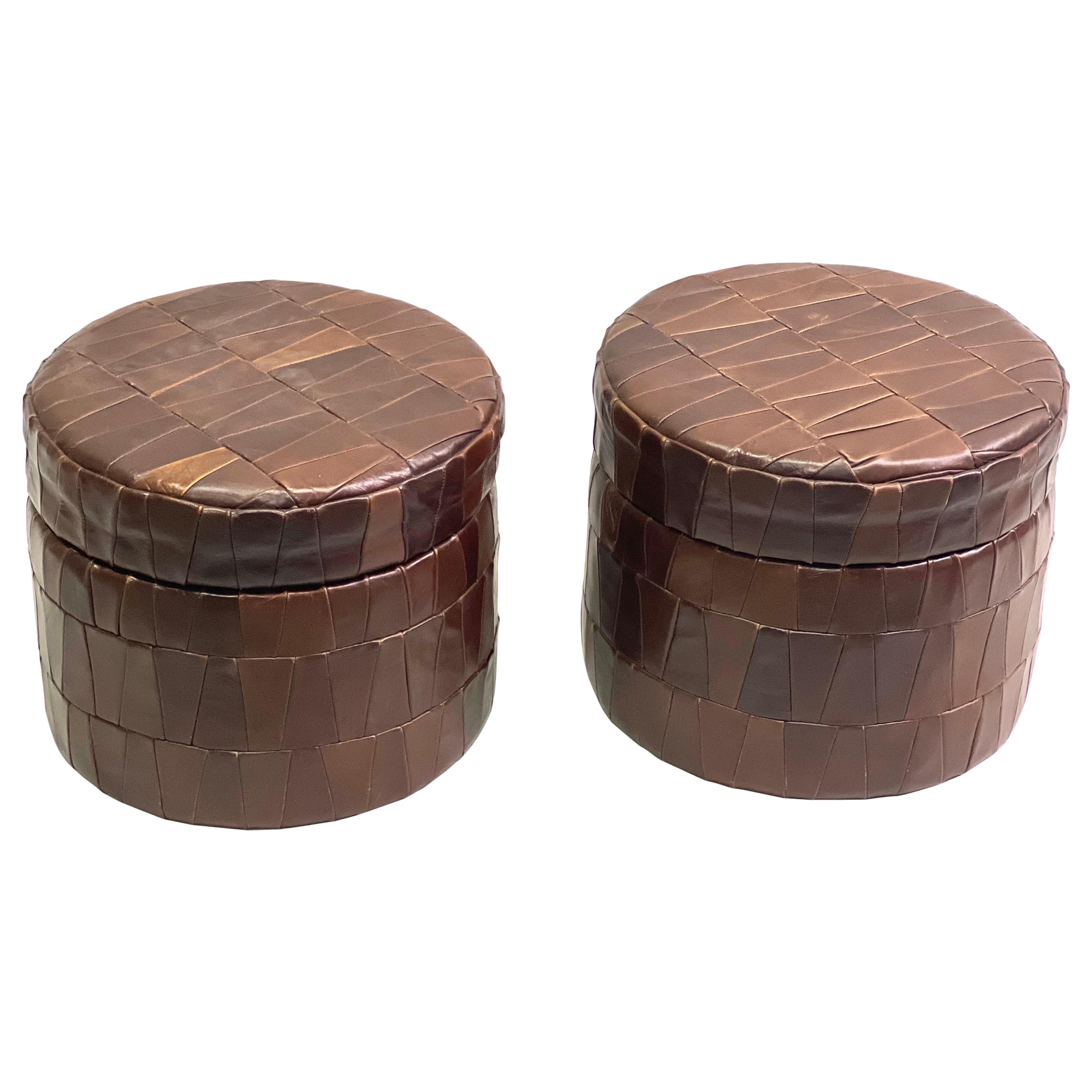 Pair of Swiss Modern Patchwork Leather Storage Ottomans/ Stools by De Sede, 1960