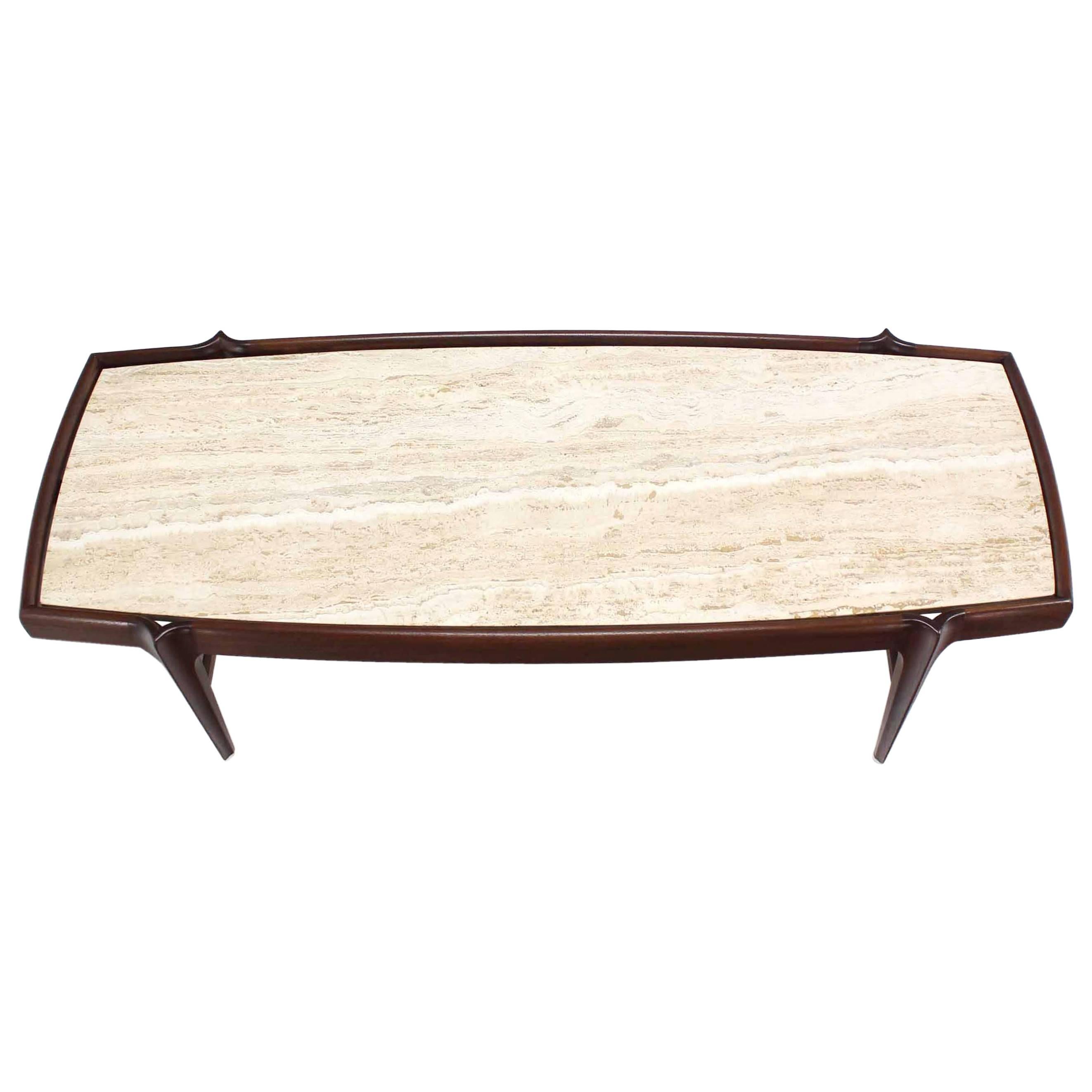 Travertine Top Walnut Frame Mid Century Modern Boat Shape Coffee Table