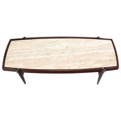 Travertine Top Walnut Frame Mid Century Modern Boat Shape Coffee Table 8