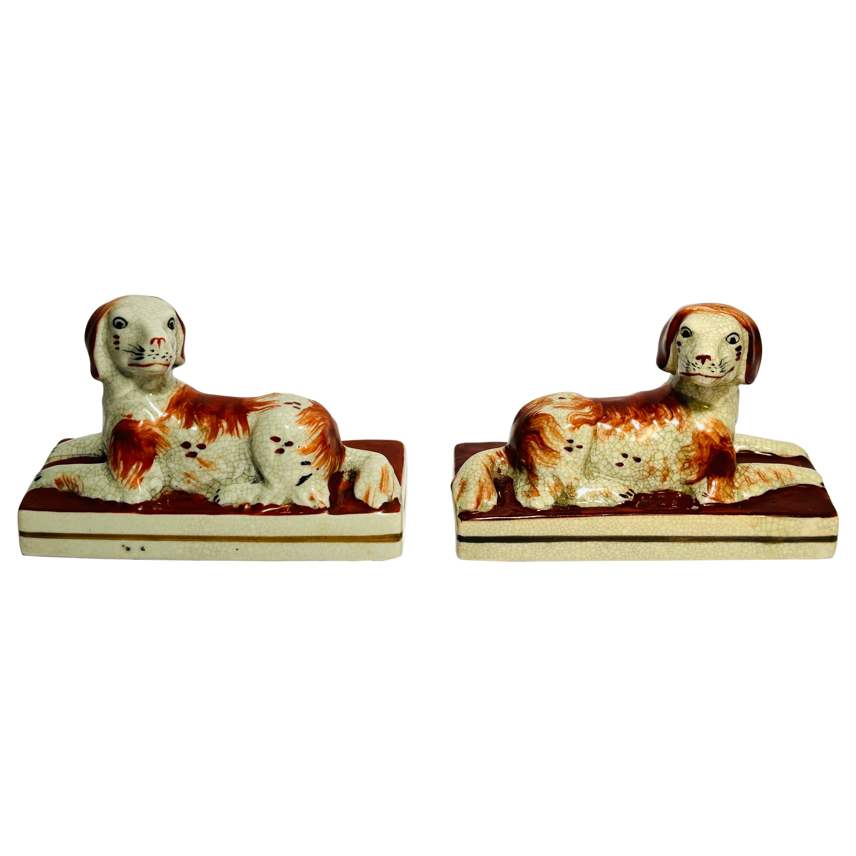 Pair of 19th Century Staffordshire Recumbent Greyhound Dogs. Charming Faces For Sale