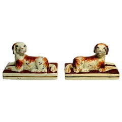 Antique Pair of 19th Century Staffordshire Recumbent Greyhound Dogs. Charming Faces