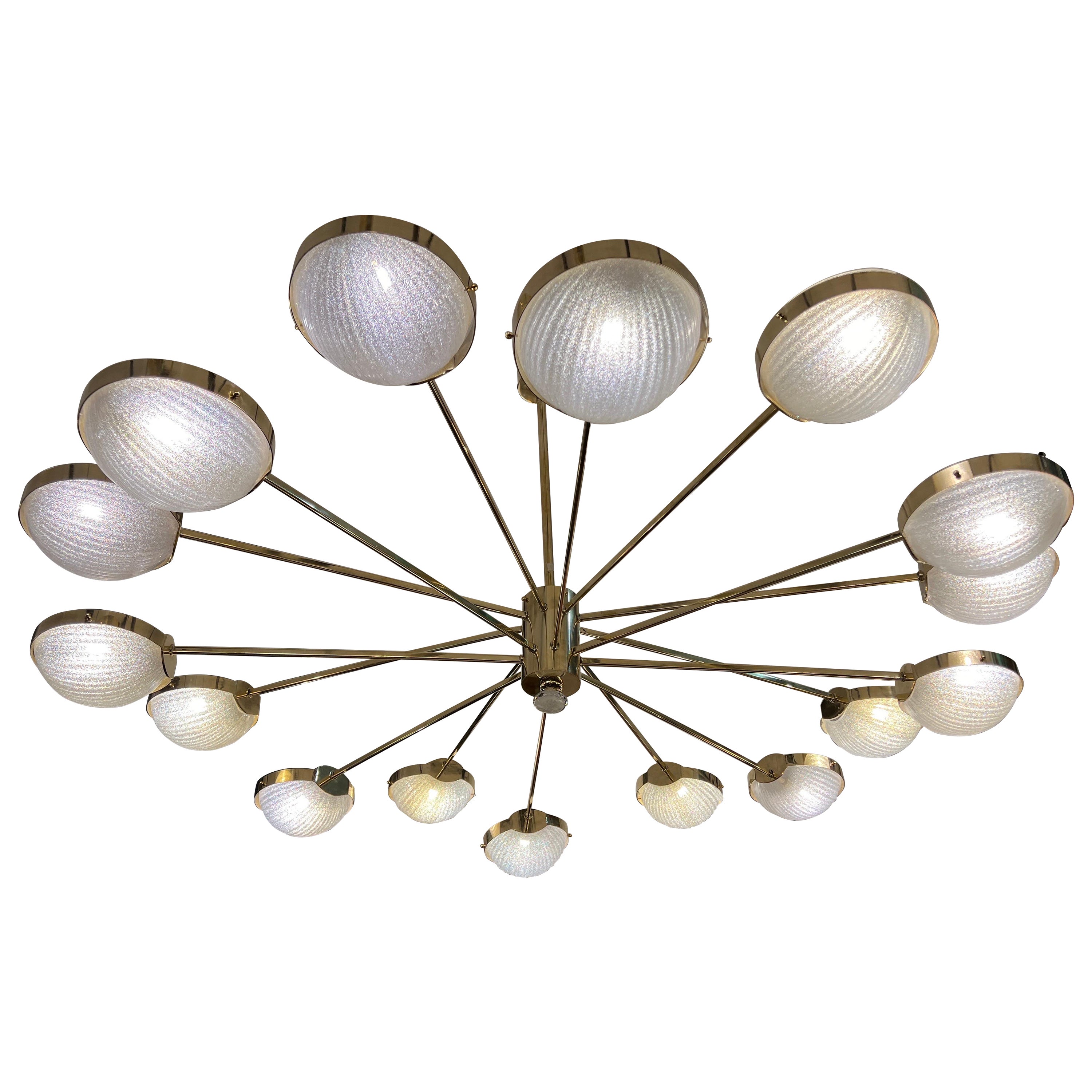 Big Round Murano Clear Glass and Staggered Brass Arms Chandelier 1970 For Sale