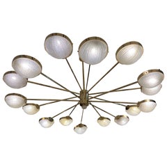 Vintage Big Round Murano Clear Glass and Staggered Brass Arms Chandelier 1970