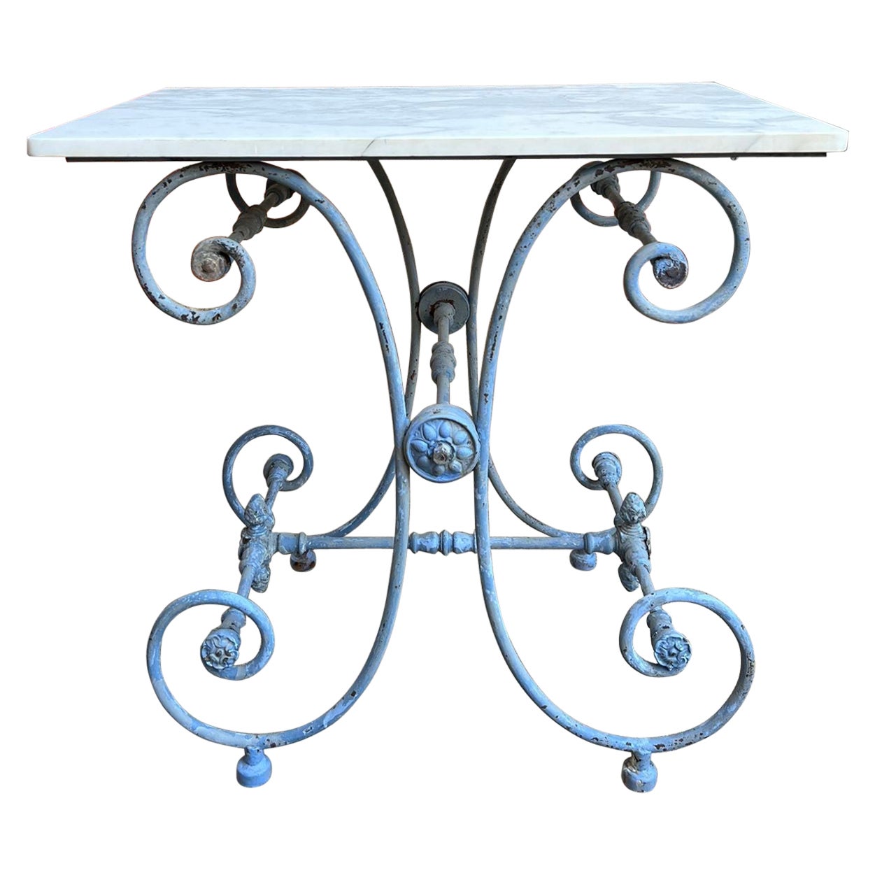 Antique French Pastry Baker’s Table Blue Iron White Marble Small Kitchen Island For Sale