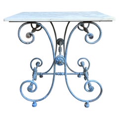 Used French Pastry Baker’s Table Blue Iron White Marble Small Kitchen Island