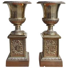 Pair of English Brass Hand Chased Campaign Mantel Urns, Circa 1840