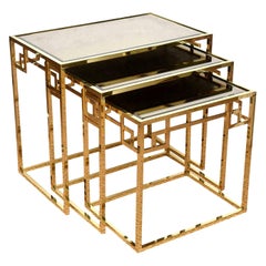 Italian Retro Brass and Glass Greek Key Nesting Tables Set of Three