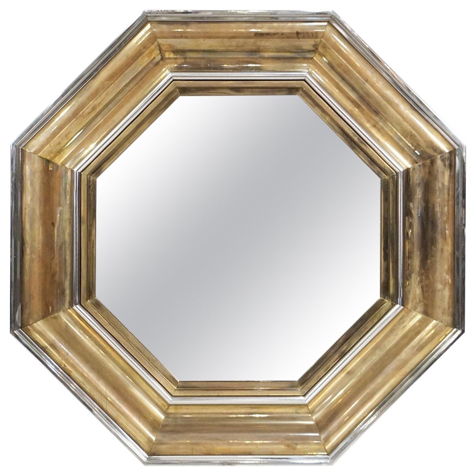 Large Italian Octagonal Mirror of Brass and Chrome by Sandro Petti (Dia 42 3/4) For Sale