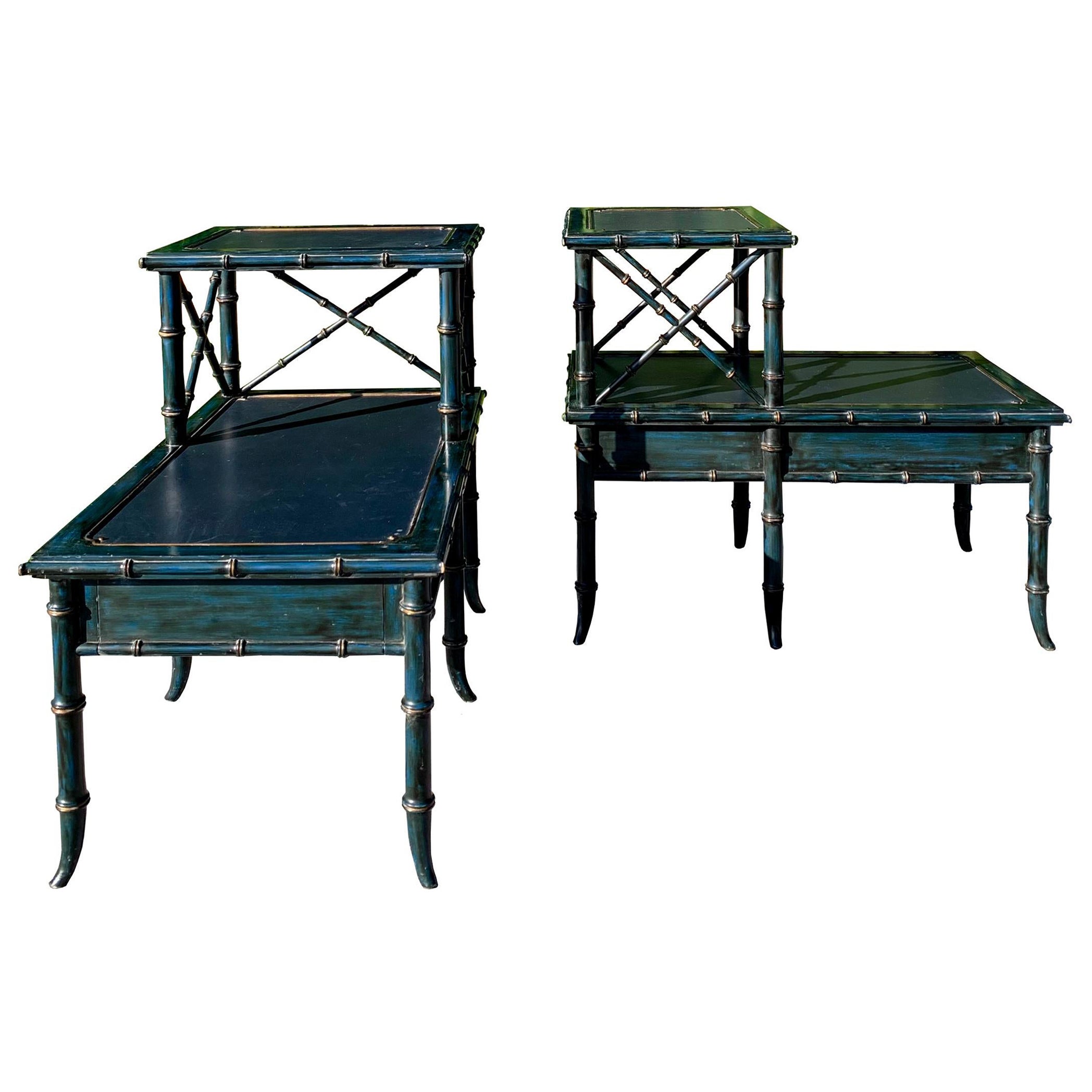 Vintage Faux Bamboo Leather Top Step Side Tables, Pair