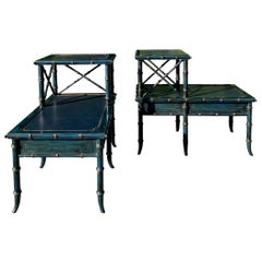 Retro Faux Bamboo Leather Top Step Side Tables, Pair