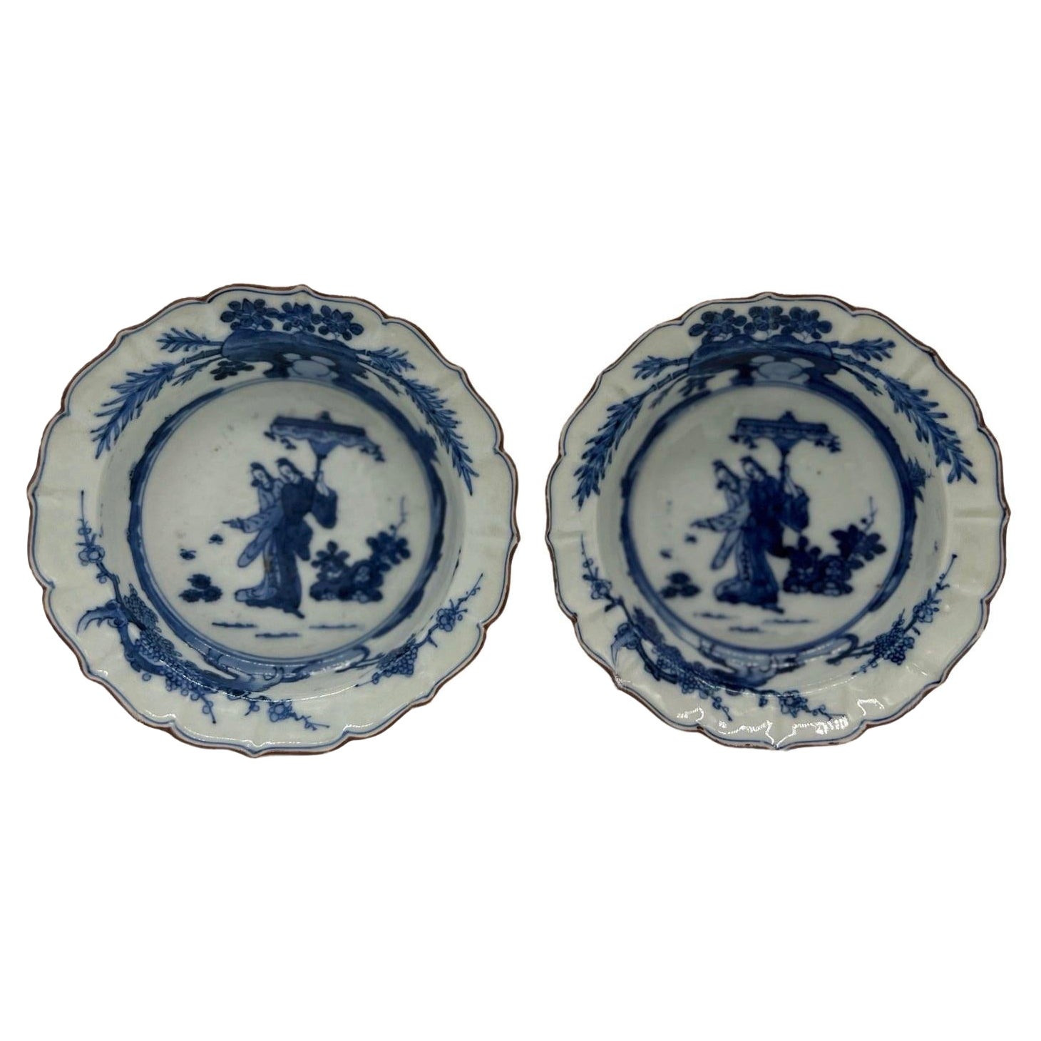 Pair, Antique Chinese Blue & White Porcelain Figural Cabinet Plates For Sale