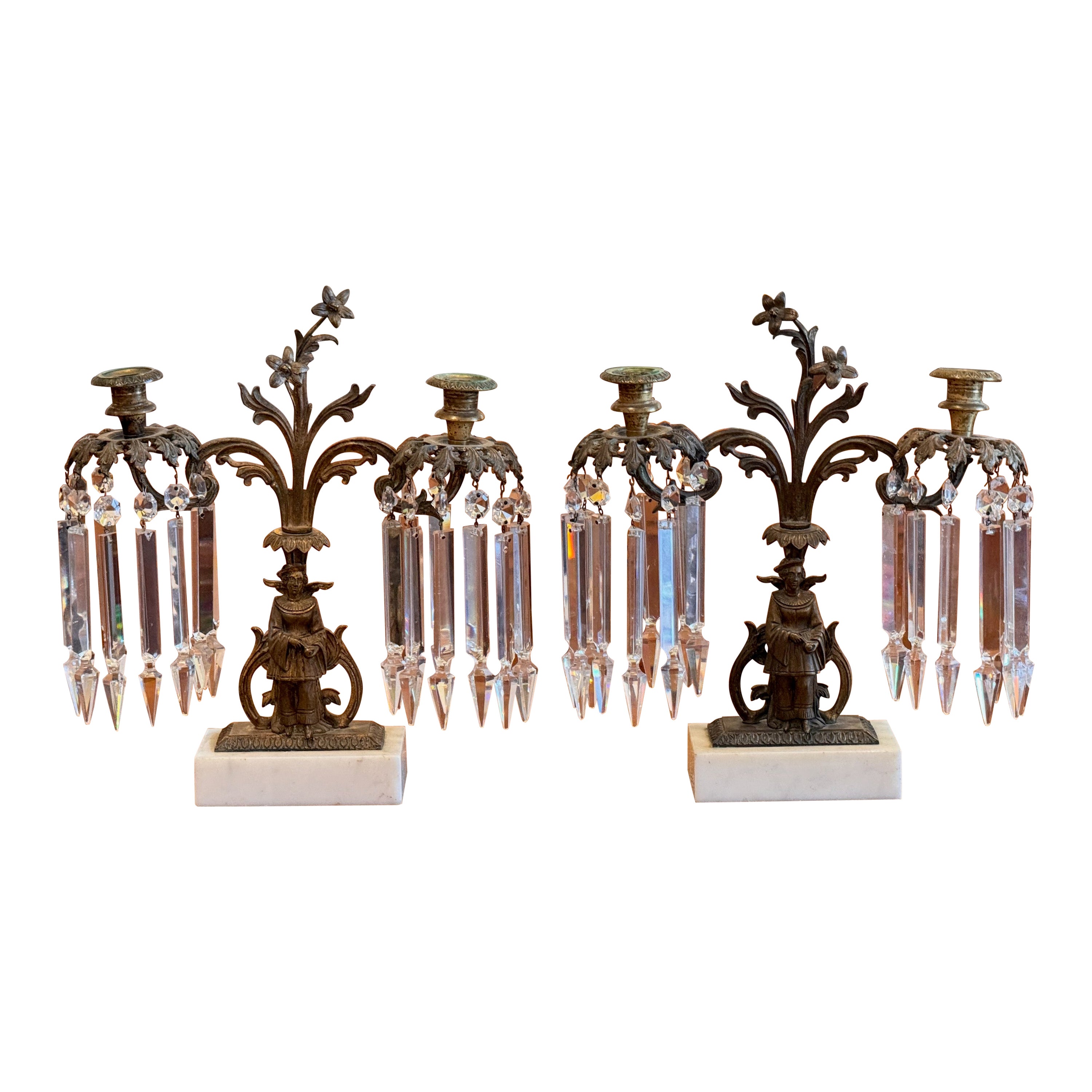 19th Century Pair of Marble and Bronze Crystal Candelabra