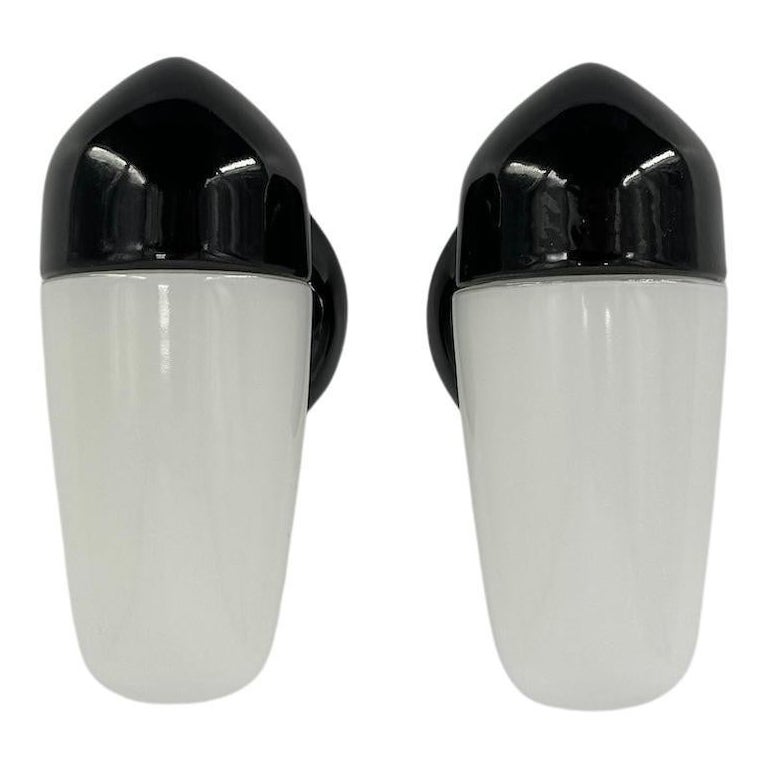 Pair of Black Ceramic and Opaline Wall Lamp By Wilhelm Wagenfeld 1950's For Sale