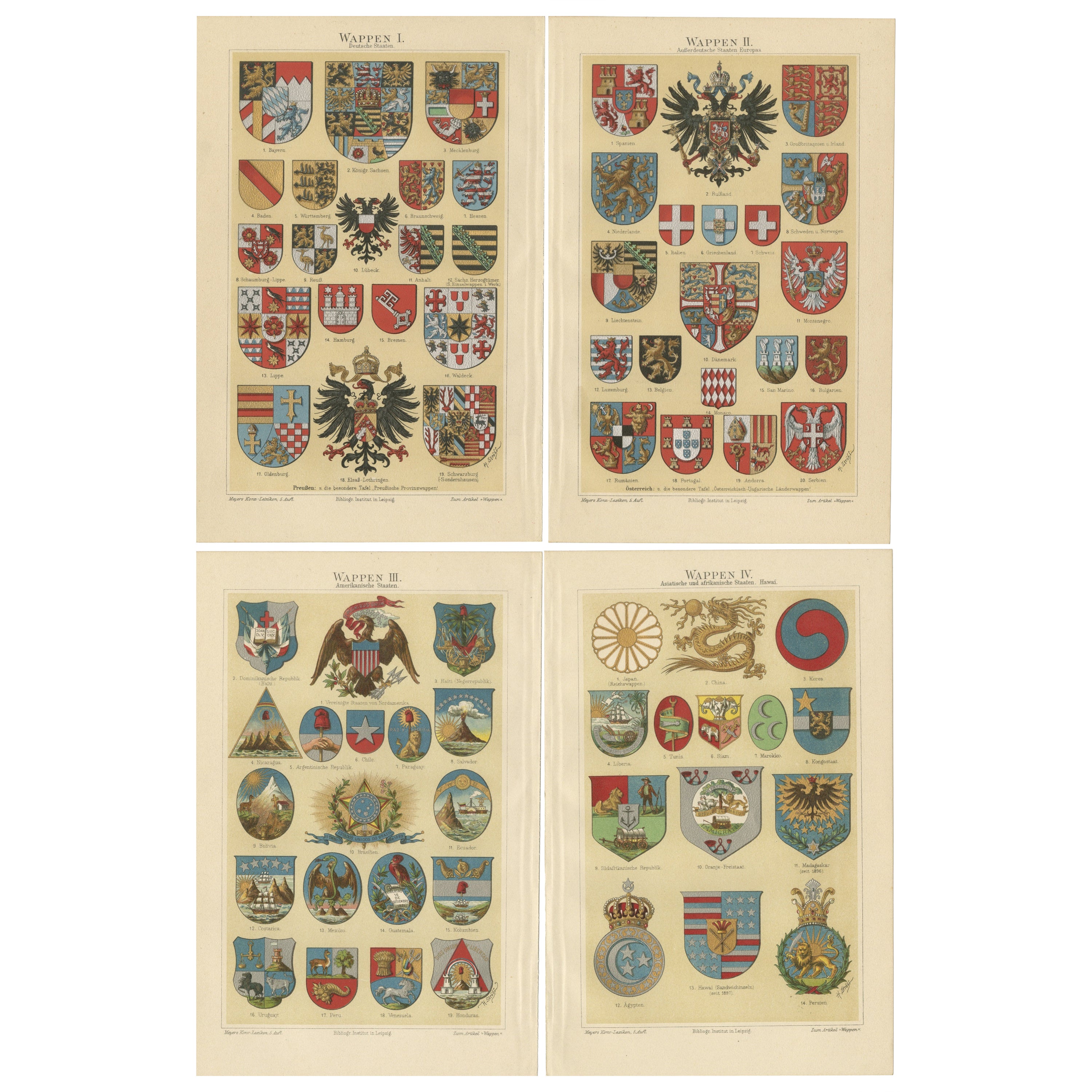 Set of 4 Antique Print of Coats of Arms of German States, America and others For Sale