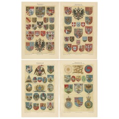 Set von 4 antiken Drucken von Wappen der deutschen Staaten, Amerika und anderen