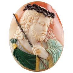 An Extremely Fine Carved Polychromed Oval ‘Comesso’ Cameo of Christ