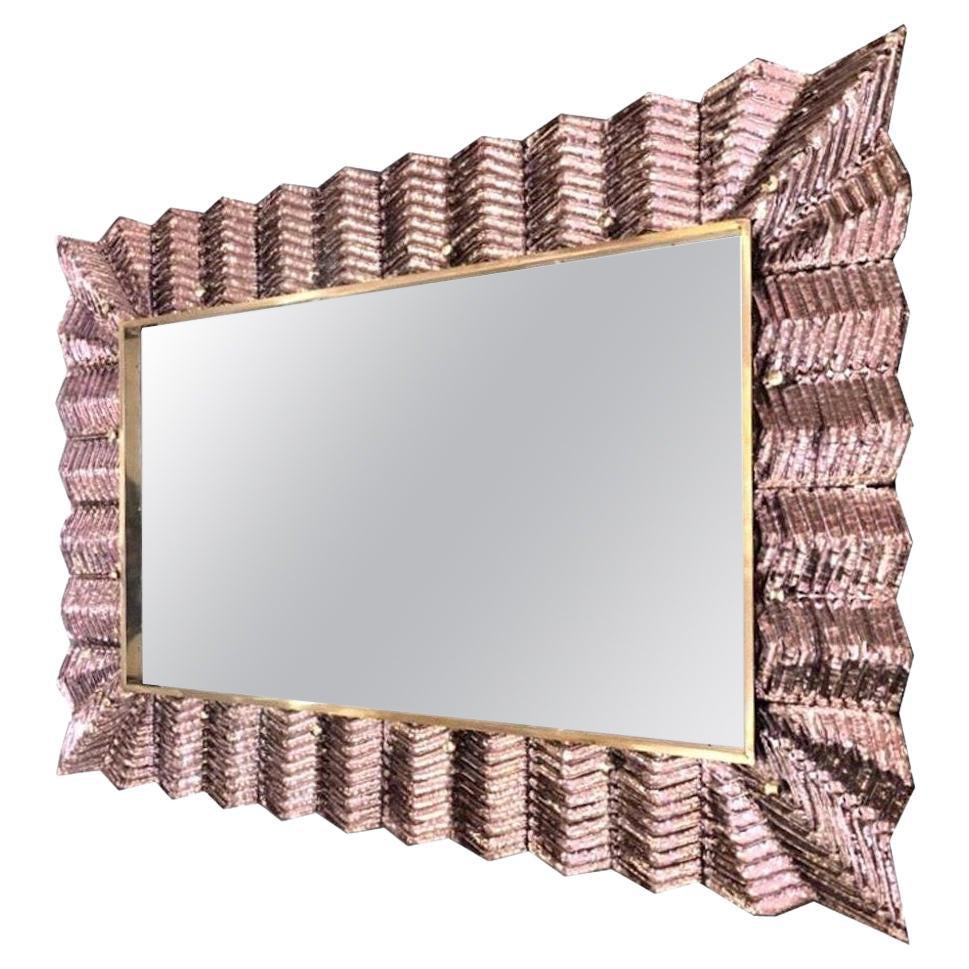 Bespoke Italian Art Deco Design Ruffled Silver Pink Murano Glass Brass Mirror For Sale