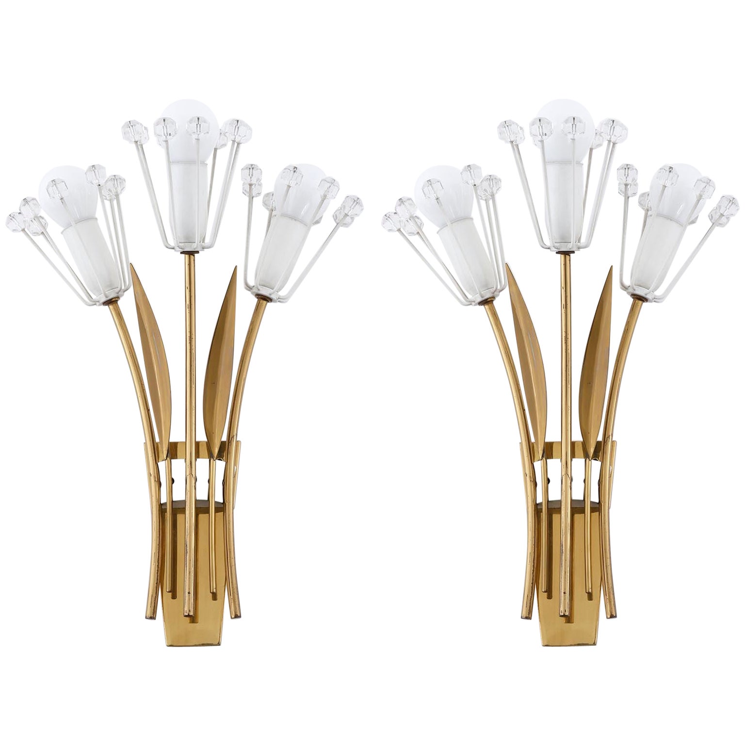 Pair of Brass Glass Sconces Wall Lights by Emil Stejnar, Rupert Nikoll, 1950s For Sale