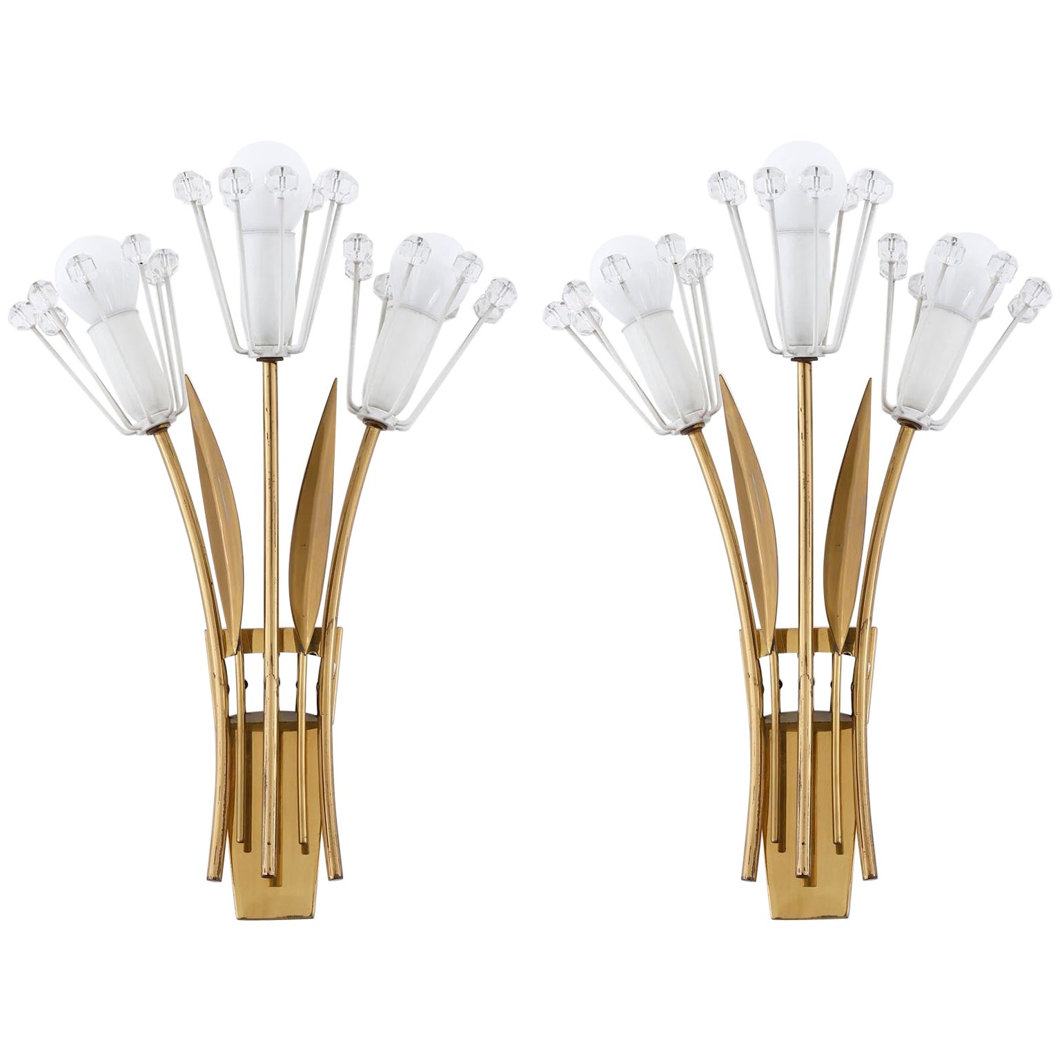 Pair of Brass Glass Sconces Wall Lights by Emil Stejnar, Rupert Nikoll, 1950s