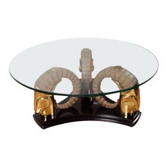 Retro Hollywood Regency Drexel Heritage Brass Ram Head Coffee Table