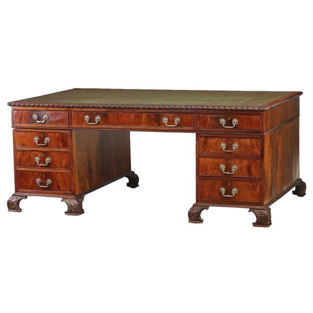 Georgian English Chinese Chippendale Mahogany Carved Leather Top Partners Desk For Sale