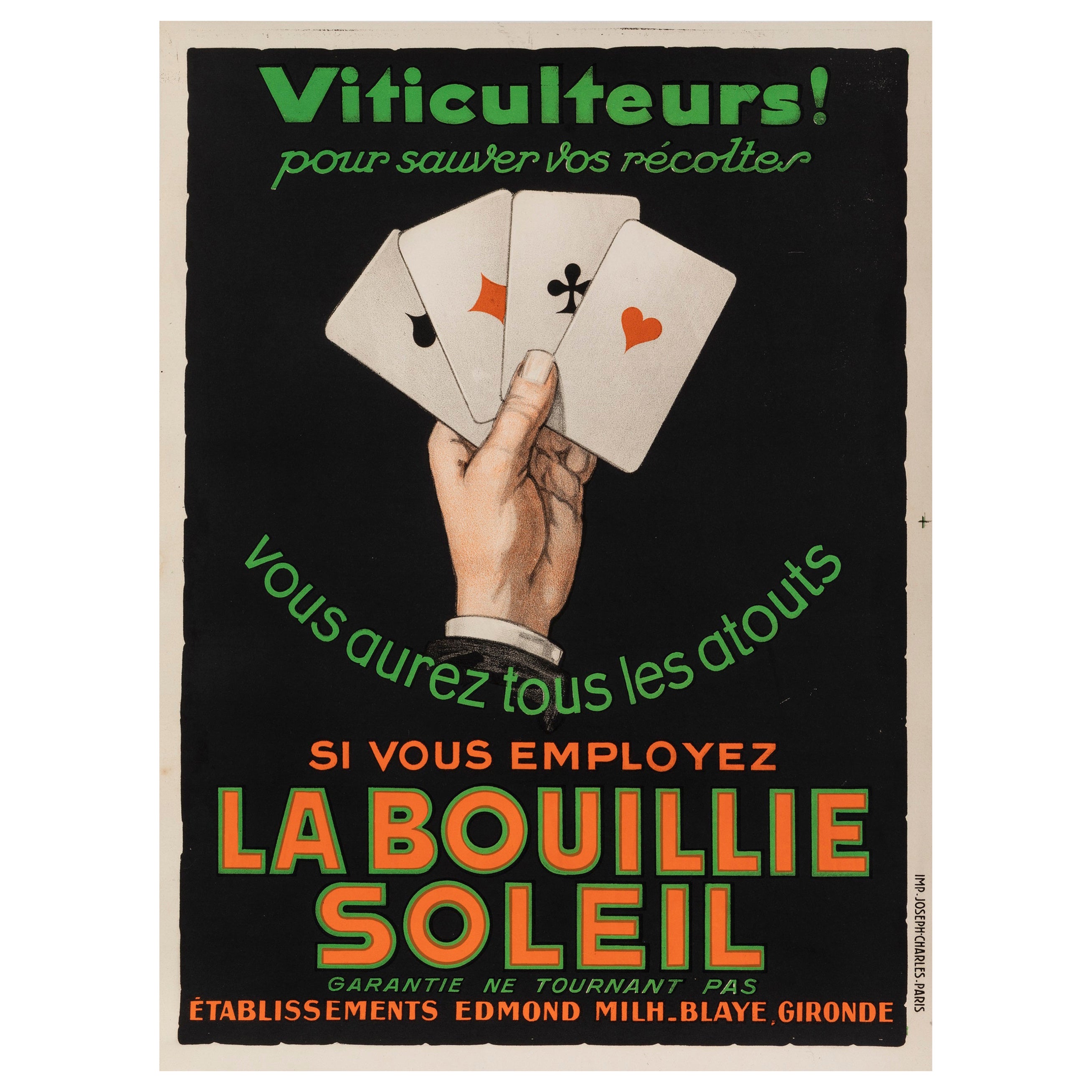 Affiche vintage originale, La Bouillie Soleil, Fertilizer, poker Card Game, 1930 en vente