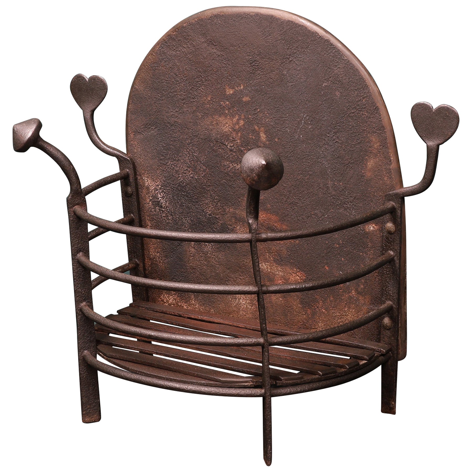 An Arts & Crafts Semi-Circular Wrought Fire Basket with Heart-Shaped finials For Sale
