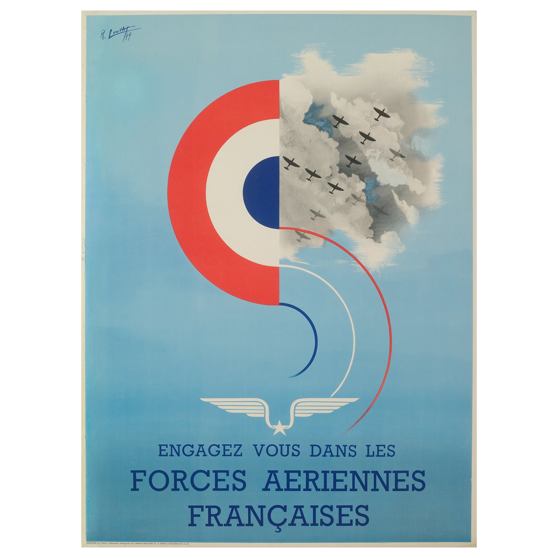 Original Vintage Poster, René Louvat, French Air Force, Avion, Jet, Guerre, 1944 For Sale