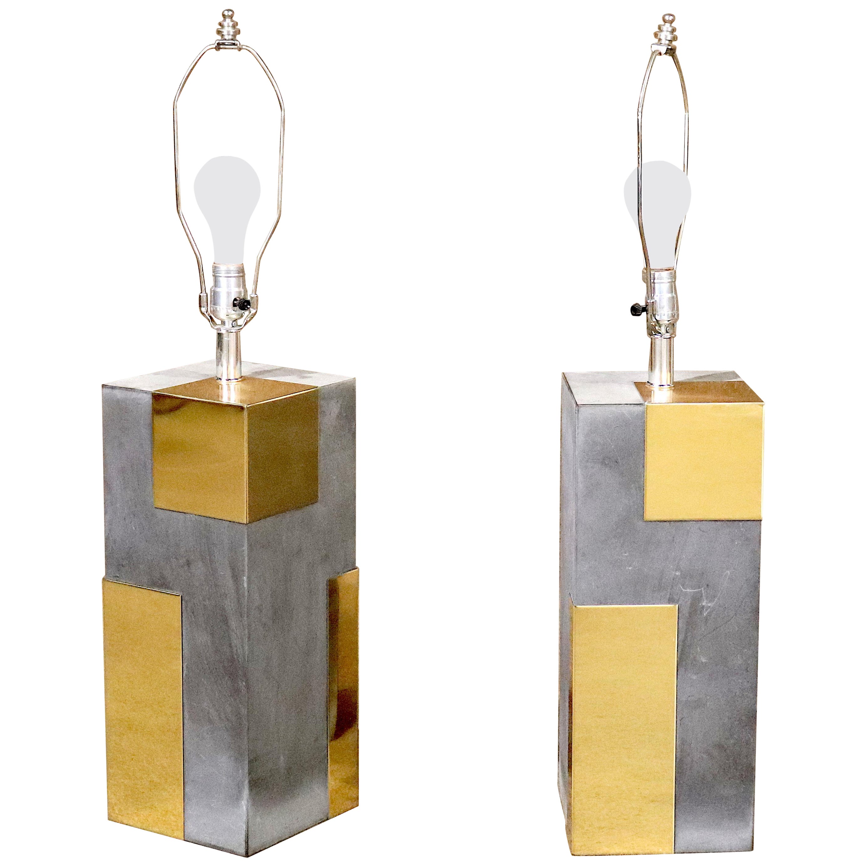 Vintage "Cityscape" Chrome and Brass Lamps after Paul Evans
