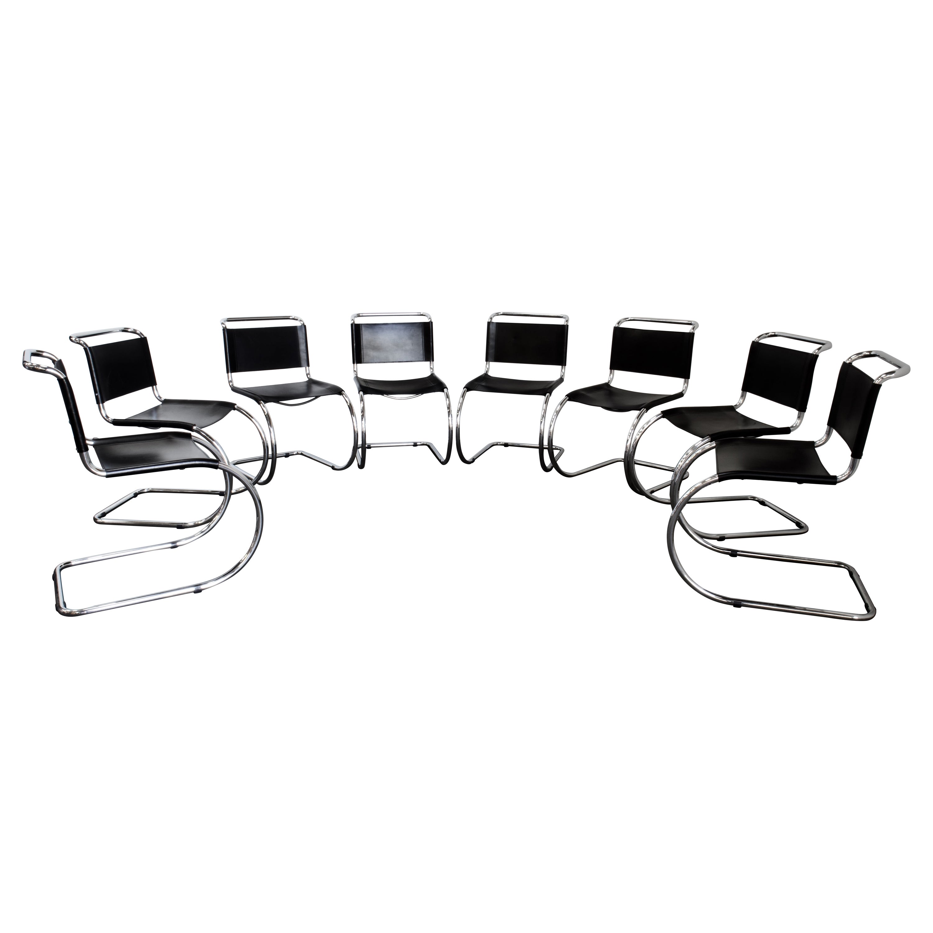 8 Mies van der Rohe Cantilever MR10 Chairs in Chrome & Black Saddle Leather