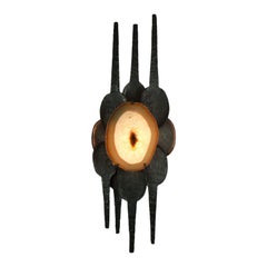 large mid century brutalist WALL SCONCE wrought iron and agate 