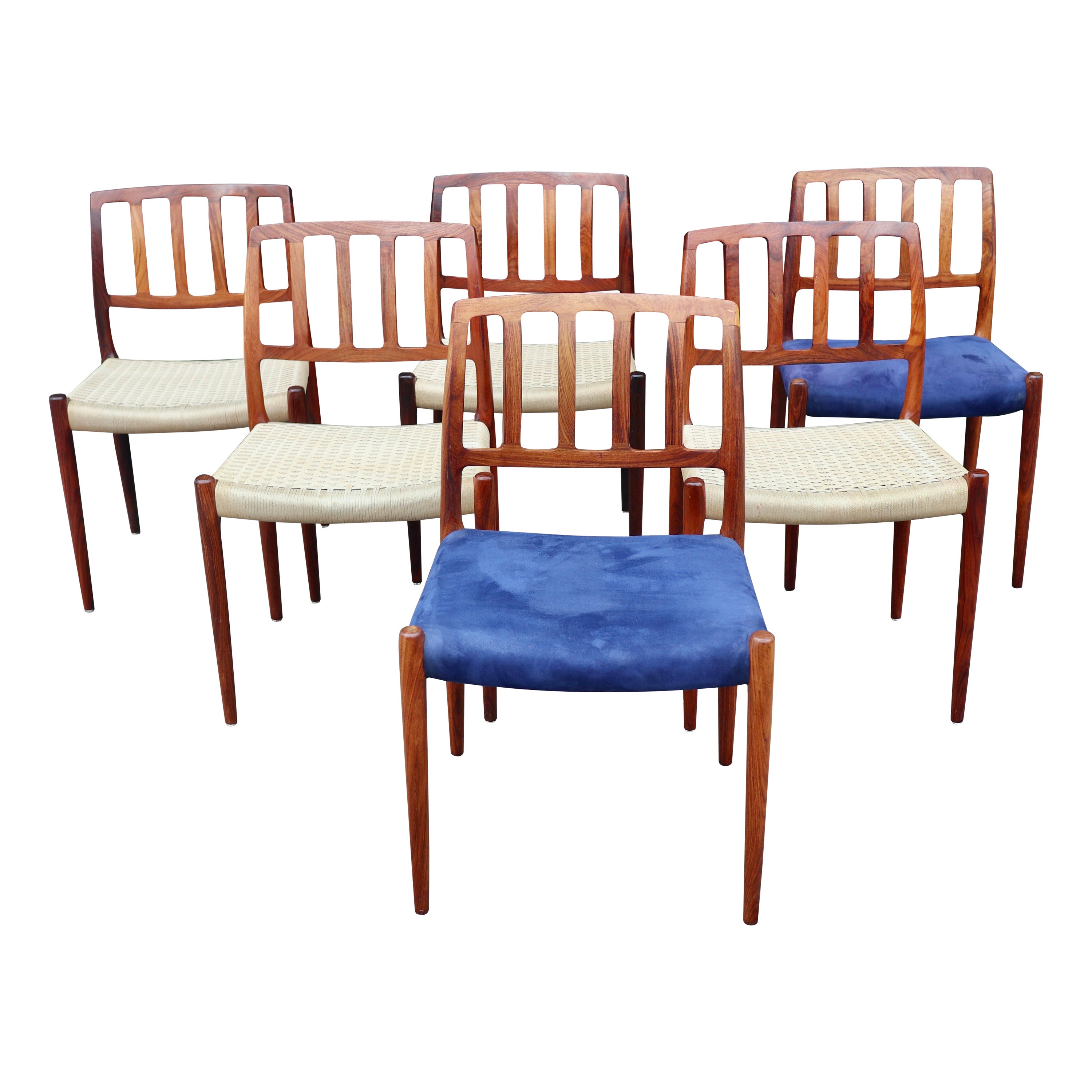 Six Niels.O Moller 83 Rosewood Dining Chairs by J.L. Mollers with woven Seats For Sale