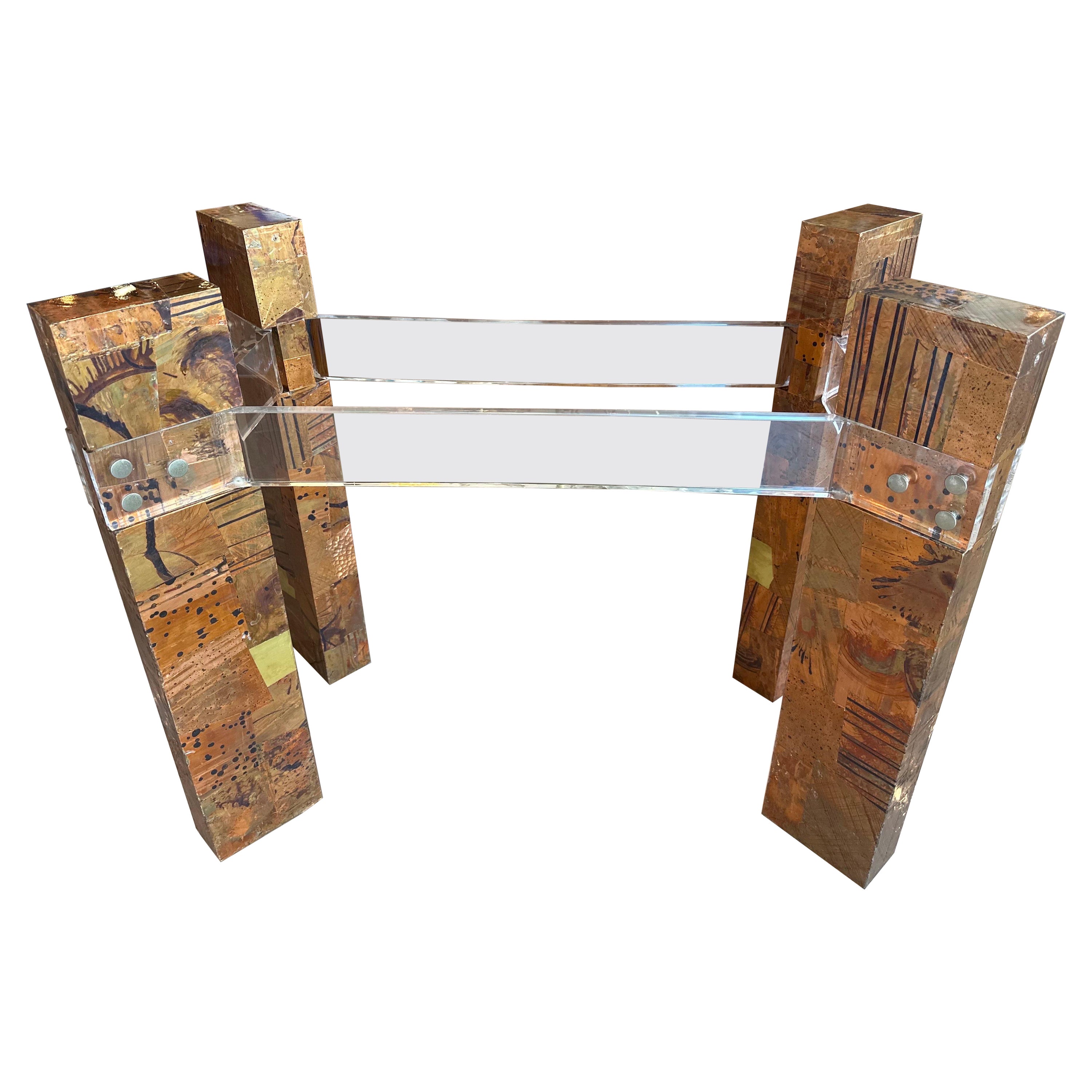 Mid Century Patchwork Metal Brass Copper Lucite Brutalist Dining Table Base  For Sale