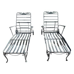 Vintage wrought iron chaise lounge chairs by Woodard, flower and leaves pattern