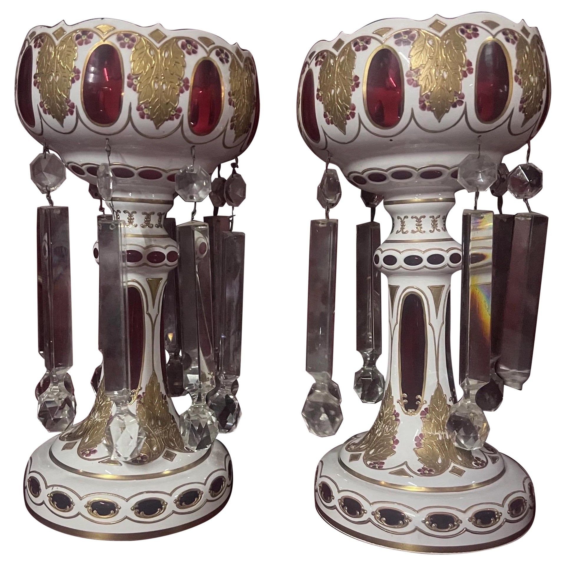 Antique Bohemian Cranberry Glass Candle Holders Lusters - Pair
